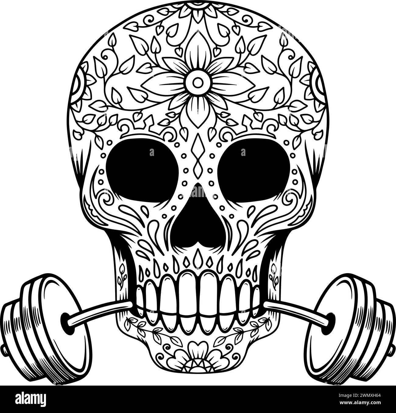 Illustration of sugar skull with barbell. Design element for logo