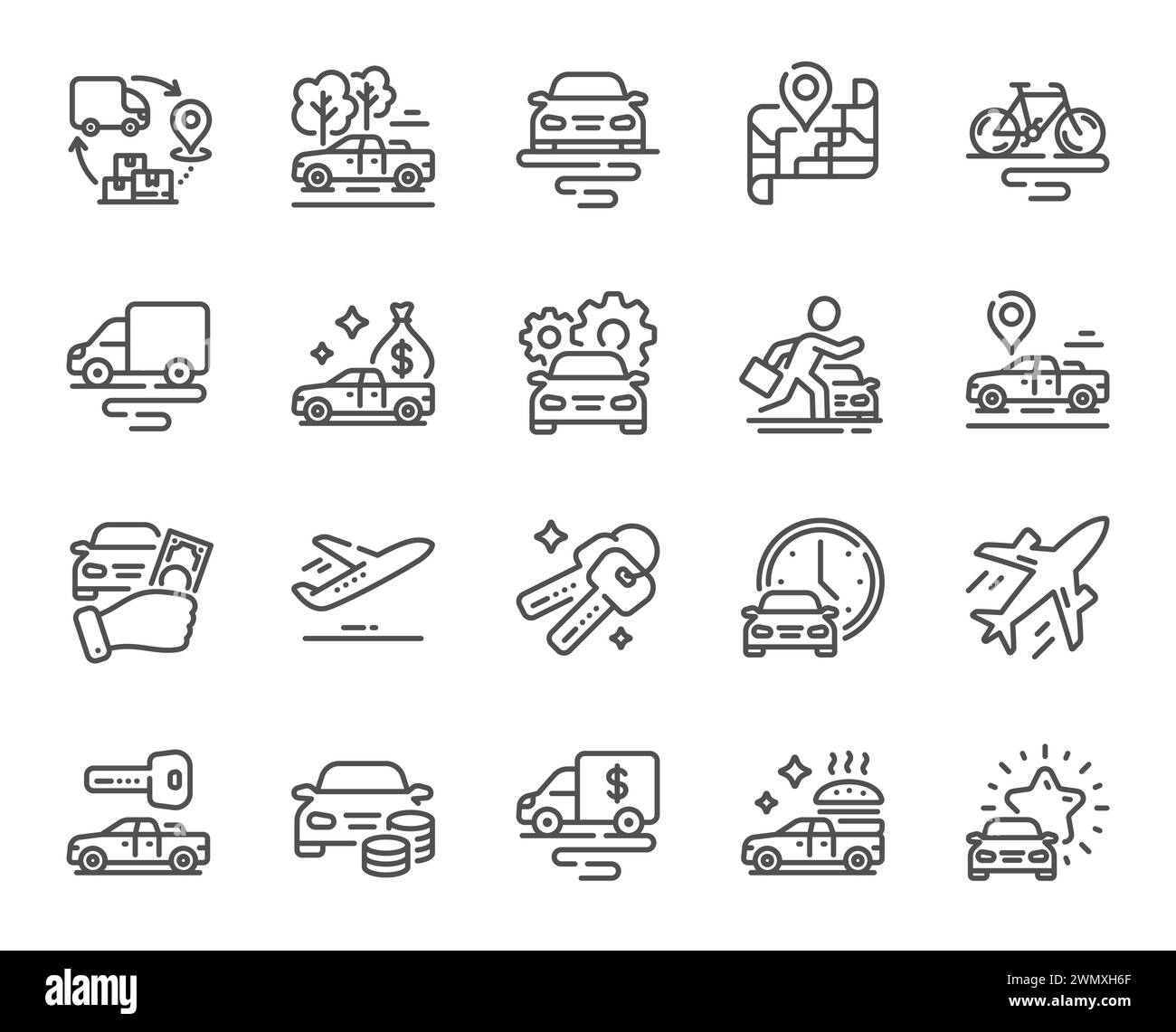 Transport line icons. Car vehicle, Flight plane and Mountain bike set. Vector Stock Vector