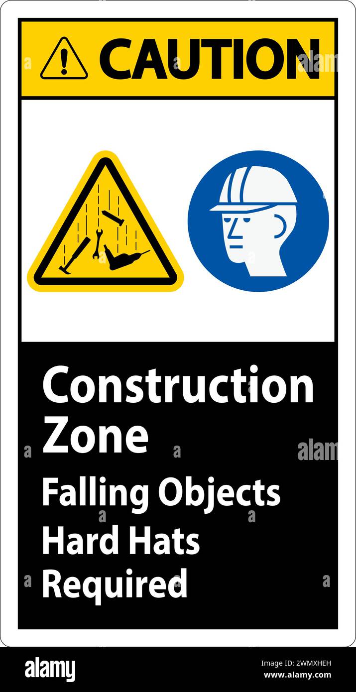 Caution Sign, Construction Zone, Falling Objects Hard Hats Required Stock Vector