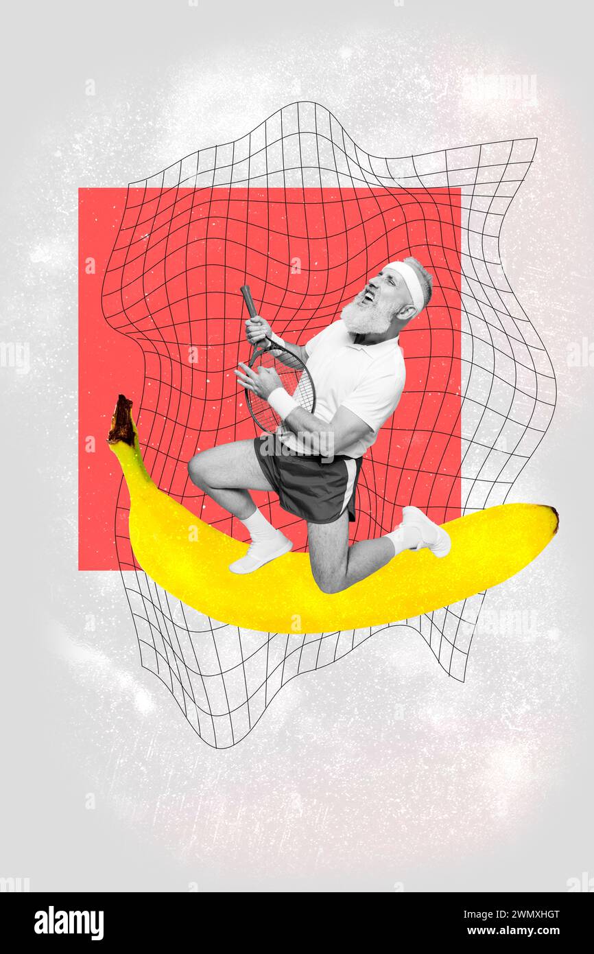 Vertical collage picture funky retired man grandfather pretend be ...