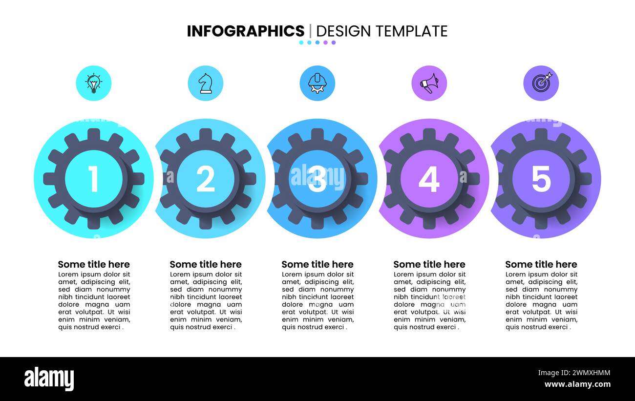 Infographic template with icons and 5 options or steps. Gears in row. Can be used for workflow layout, diagram, banner, webdesign. Vector illustration Stock Vector