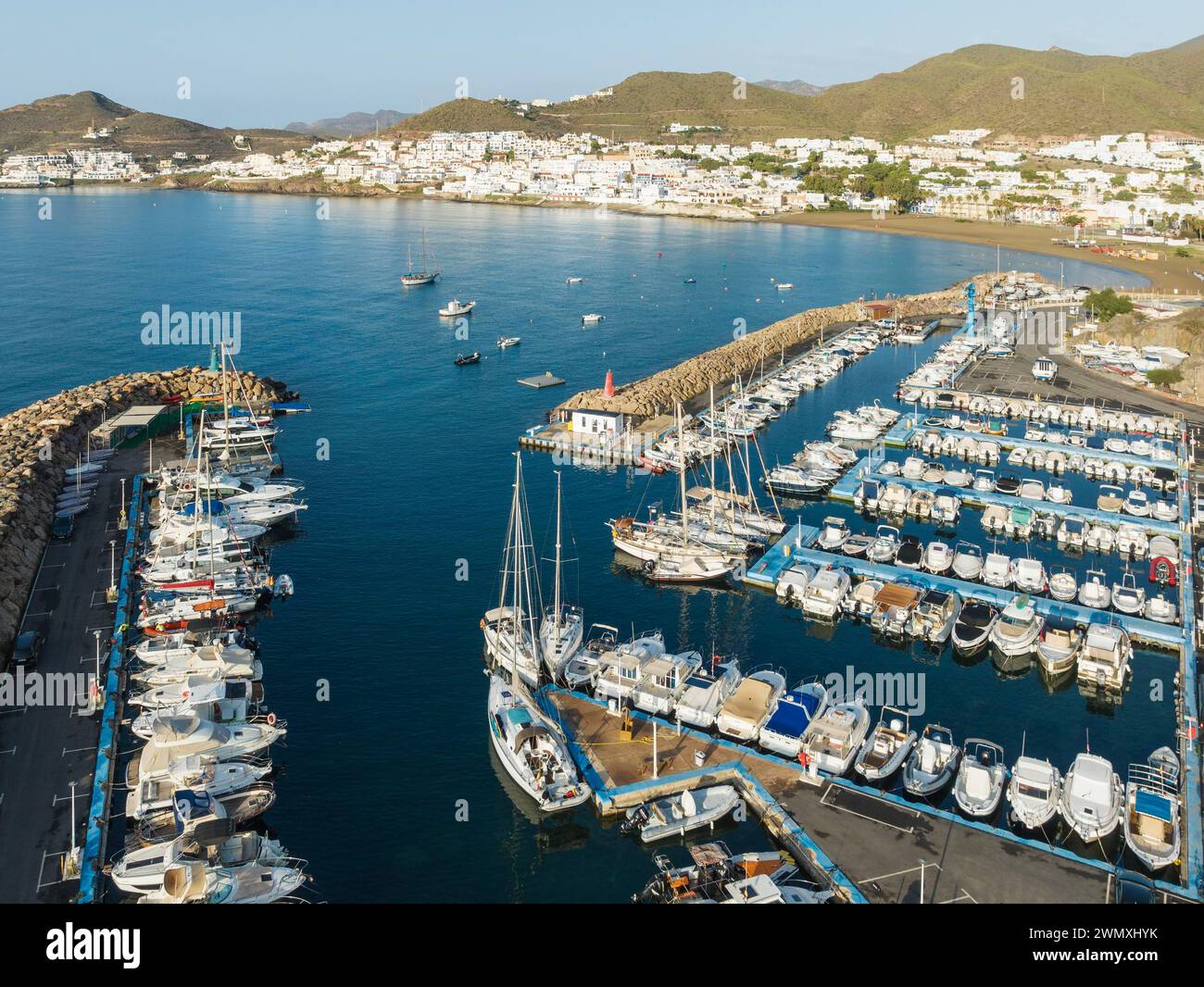 The marina of San Jose. Aerial view. Drone shot. Nature Reserve Cabo de Gata-Nijar, Almeria province, Andalusia, Spain Stock Photo