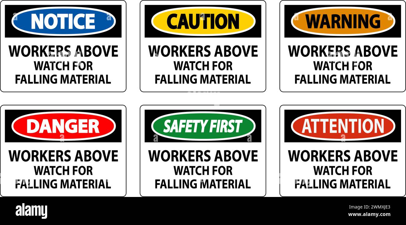 Danger Sign, Workers Above Watch For Falling Material Stock Vector