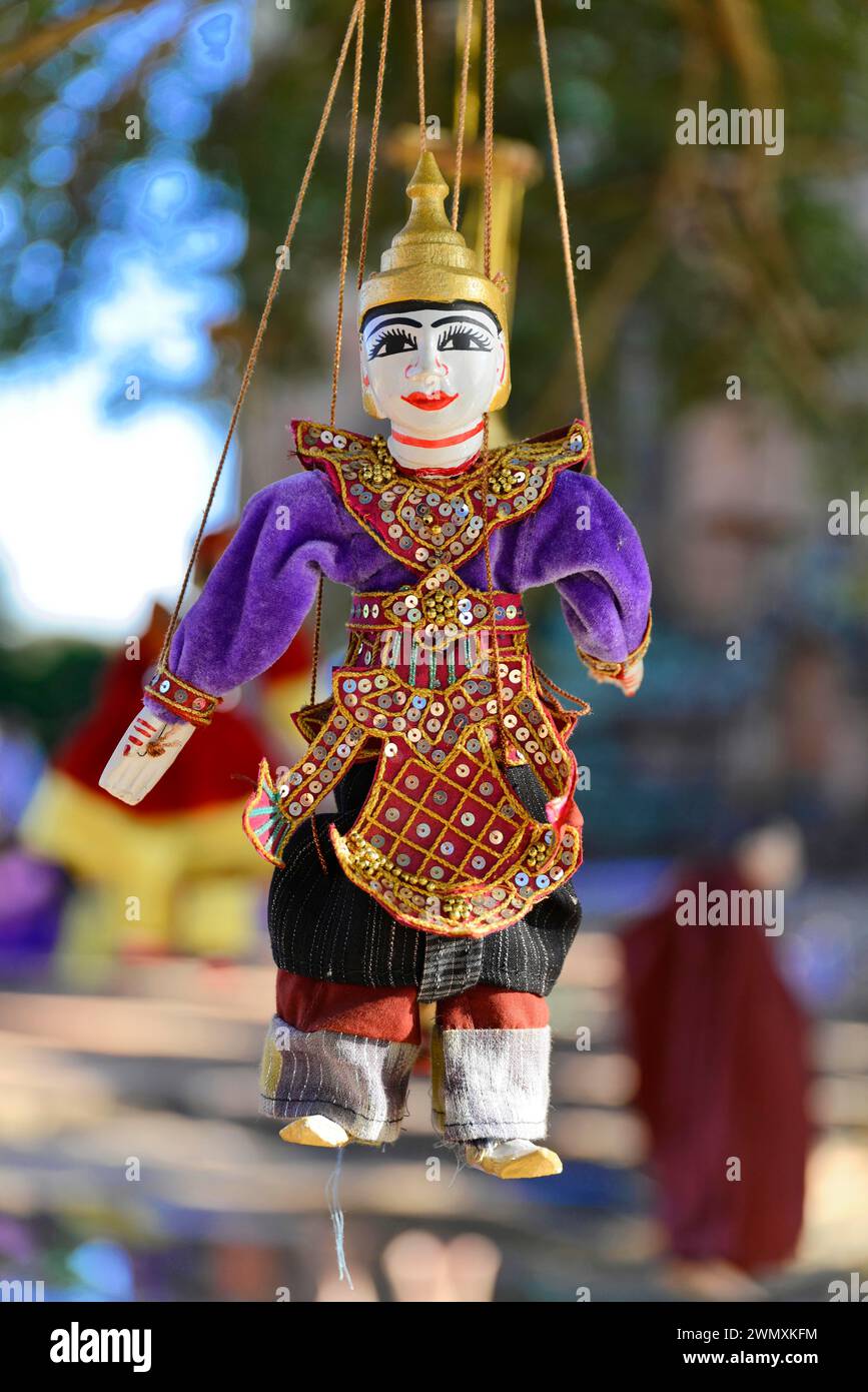 Puppets as souvenirs at Htilominlo Temple, Bagan, Myanmar Stock Photo