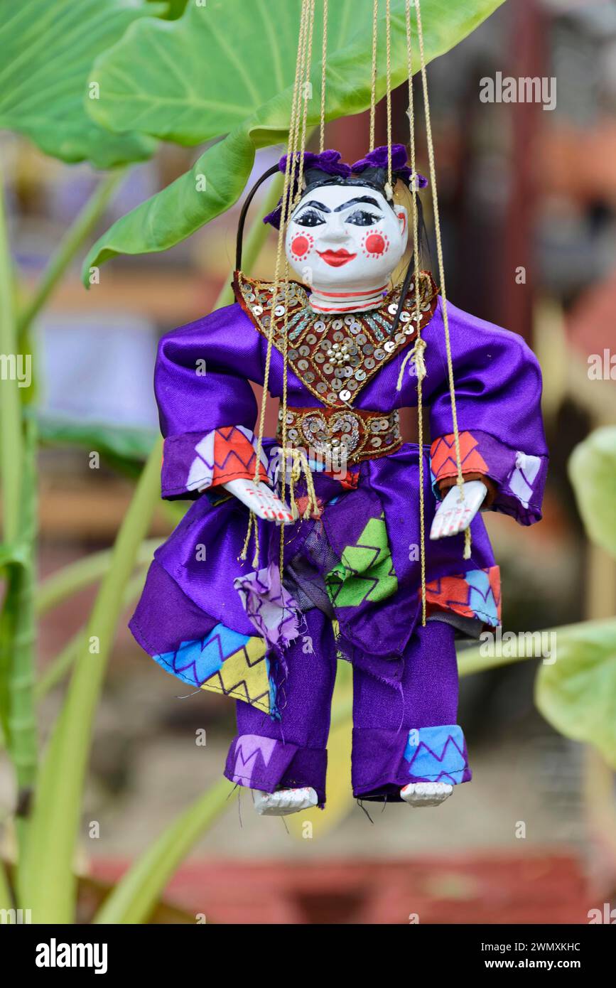 Puppets as souvenirs at Htilominlo Temple, Bagan, Myanmar Stock Photo