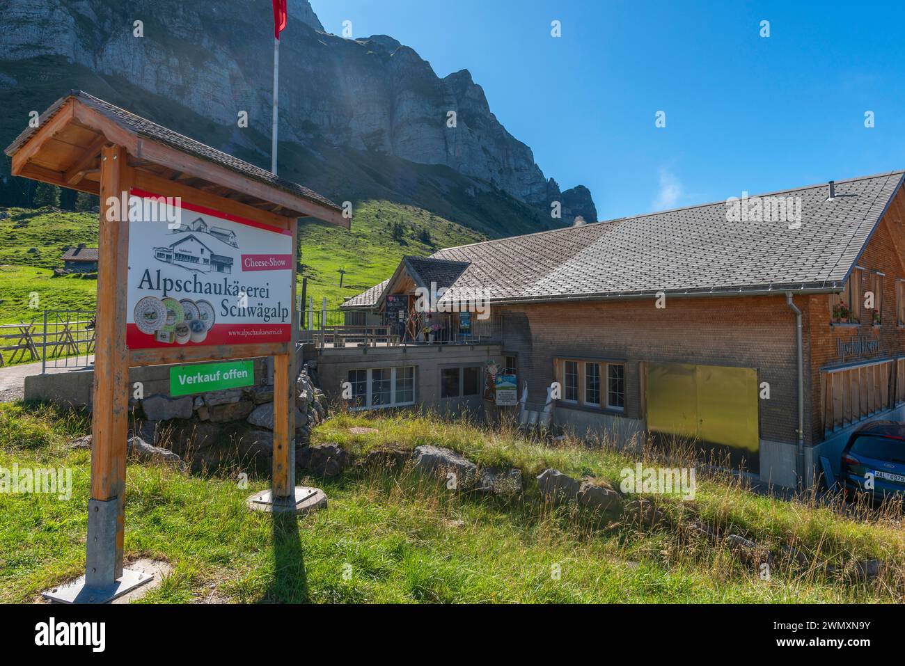 Urnaesch, Alpine show dairy Schwaegalp, agriculture, cheese production, alpine pasture, forest, information board, Canton Appenzell, Ausserrhoden Stock Photo