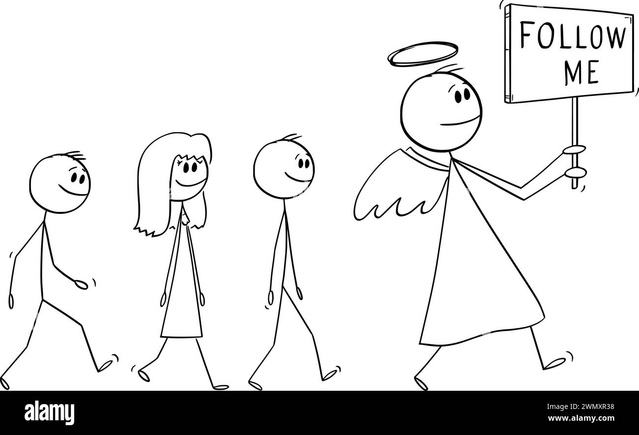 Angel Walking With Follow Me Sign, Vector Cartoon Stick Figure Illustration Stock Vector