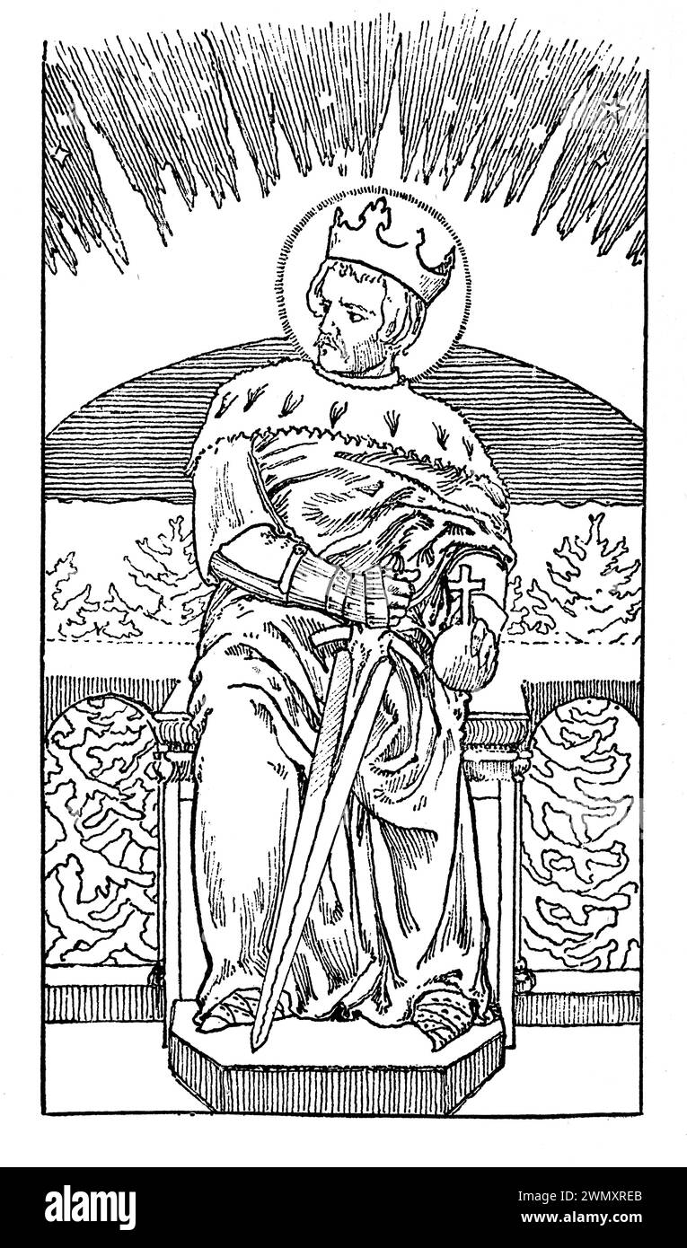 Saint Olaf (King Olaf II of Norway): Engraving from Lives of the Saints by the Reverend Sabin Baring-Gould, published 1898 Stock Photo