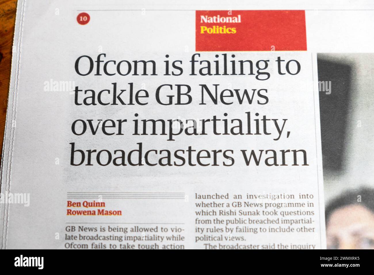 'Ofcom is failing to tackle GB News over impartiality broadcasters warn' Guardian newspaper headline political news article 24 February 2024 London UK Stock Photo