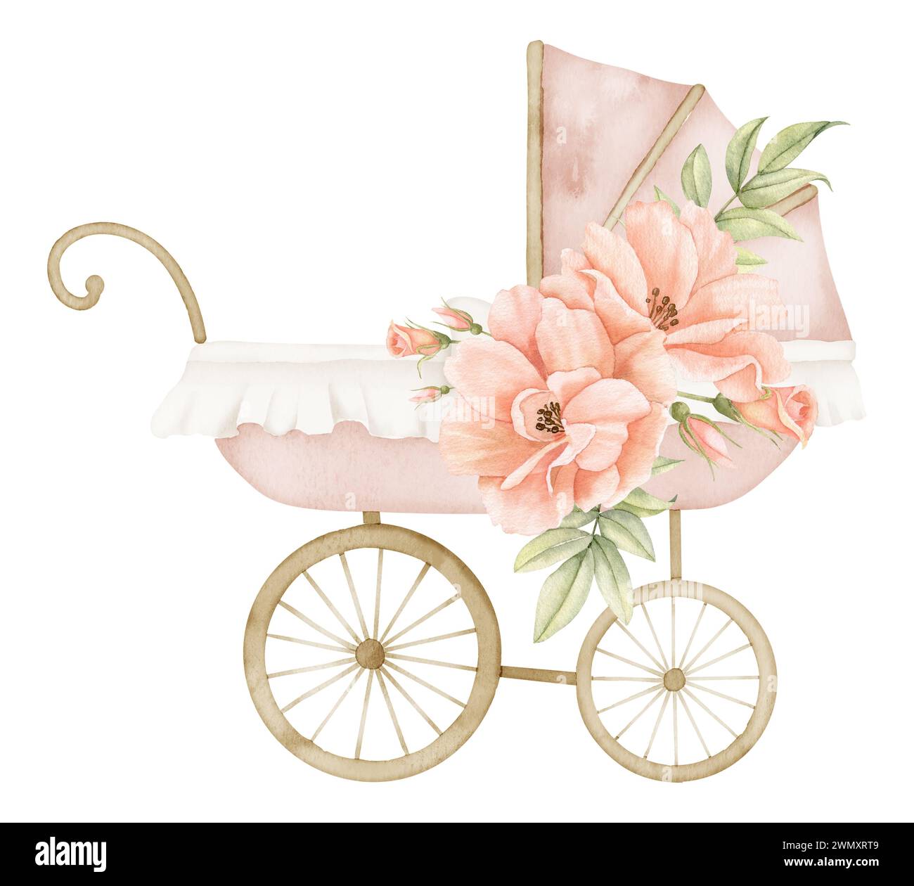Watercolor Baby Pram in vintage style. Retro kid Stroller in cute
