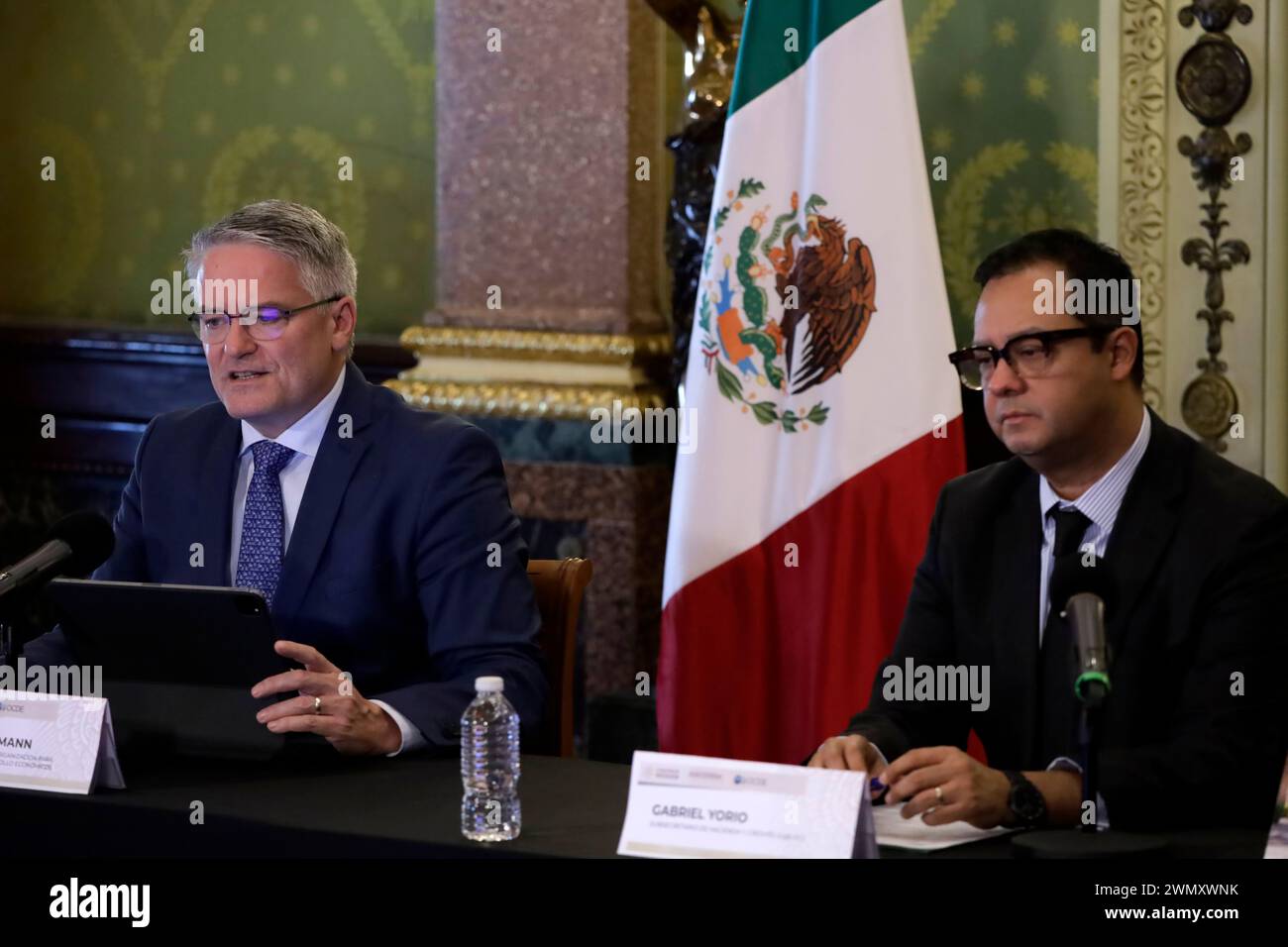 Mexico City, Mexico. 27th Feb, 2024. February 27, 2024, Mexico City, Mexico: Secretary-General of the Organization for Economic Cooperation and Development (OECD) Mathias Cormann (L) and Mexico's Undersecretary of Finance and Public Credit, Gabriel Yorio during the presentation of the OECD Economic Surveys Mexico at National Palace. on February 27, 2024 in Mexico City, Mexico (Photo by Luis Barron/Eyepix Group/Sipa USA) Credit: Sipa USA/Alamy Live News Stock Photo
