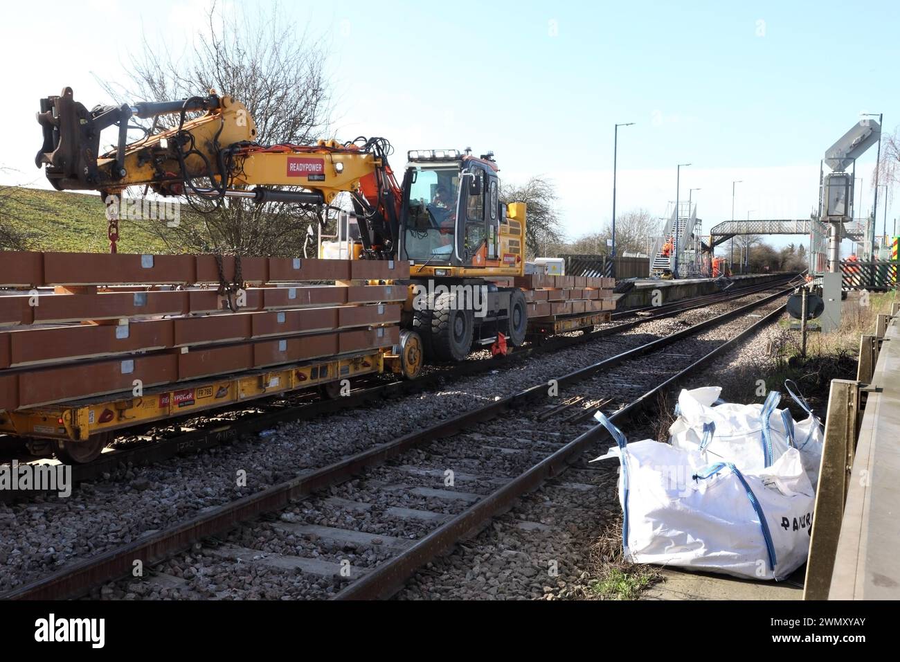 Works underway at Althorpe station, North Lincolnshire to replace the 108-year old cast iron footbridge and renew / repair the track. Stock Photo