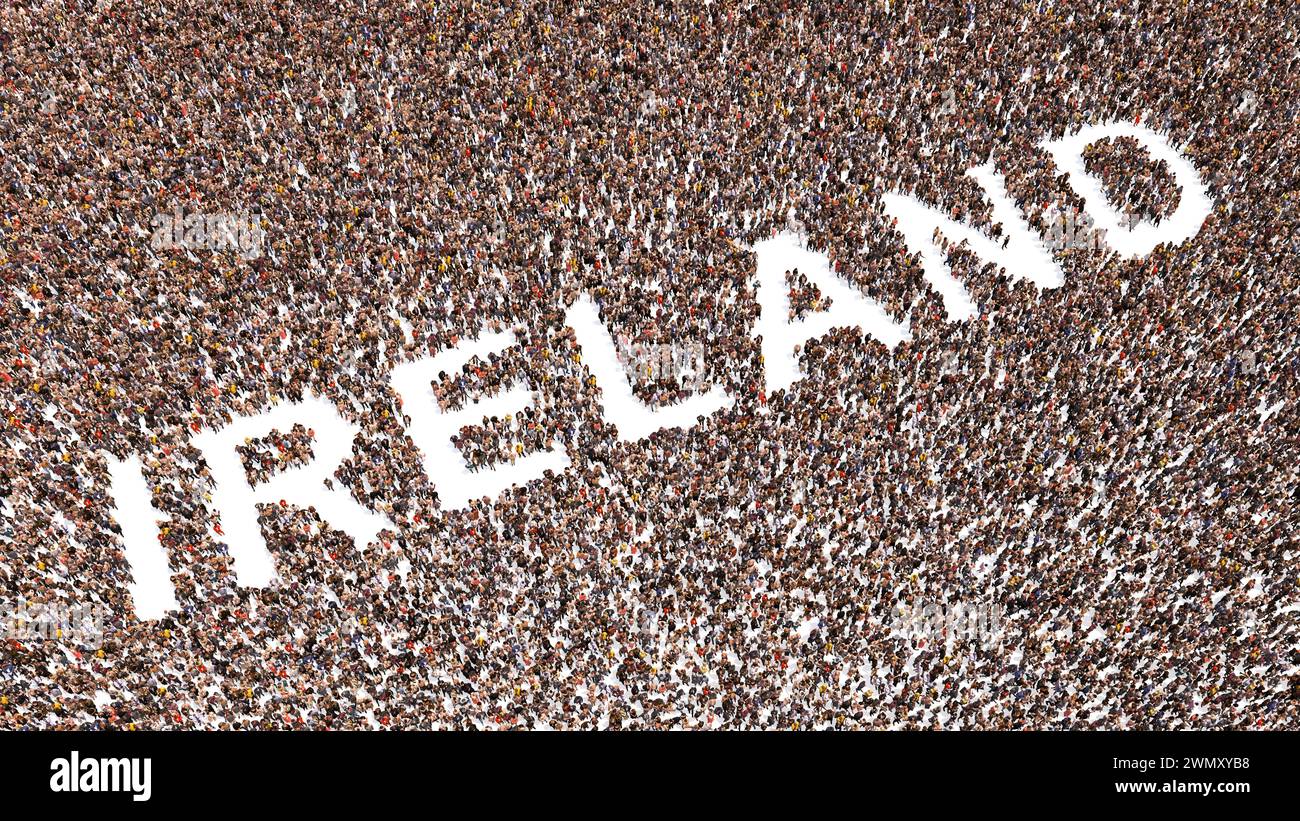 Concept conceptual large community of people forming the word IRELAND. 3d illustration metaphor for culture, history and education, politics, economy Stock Photo