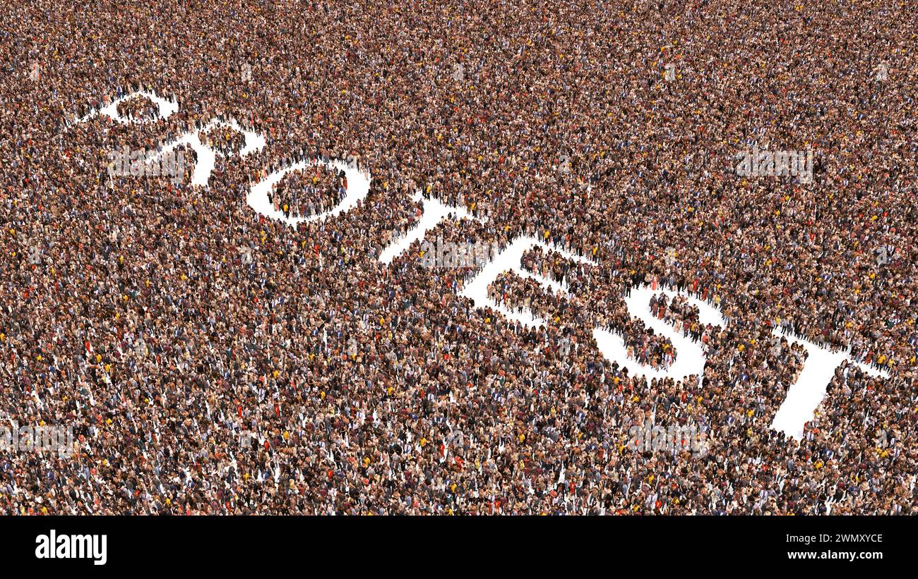 Conceptual large community of people forming the PROTEST word. 3d illustration metaphor for demonstration, activism, democracy, equality, freedom Stock Photo