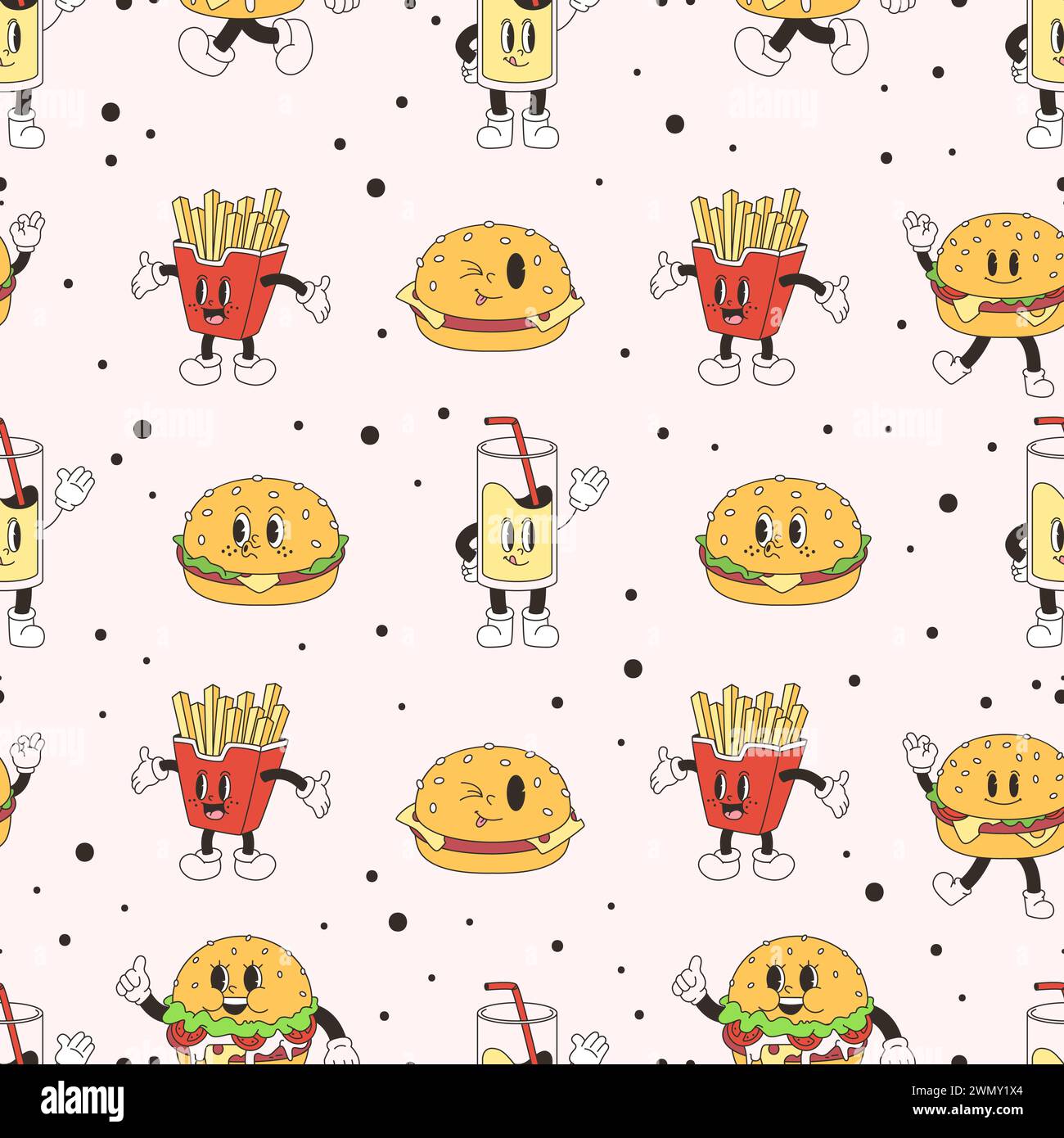 Retro fast food seamless pattern. Groovy burgers and funny drinks. Delivery cafe bar restaurant delivery, fabric snugly vector print template Stock Vector