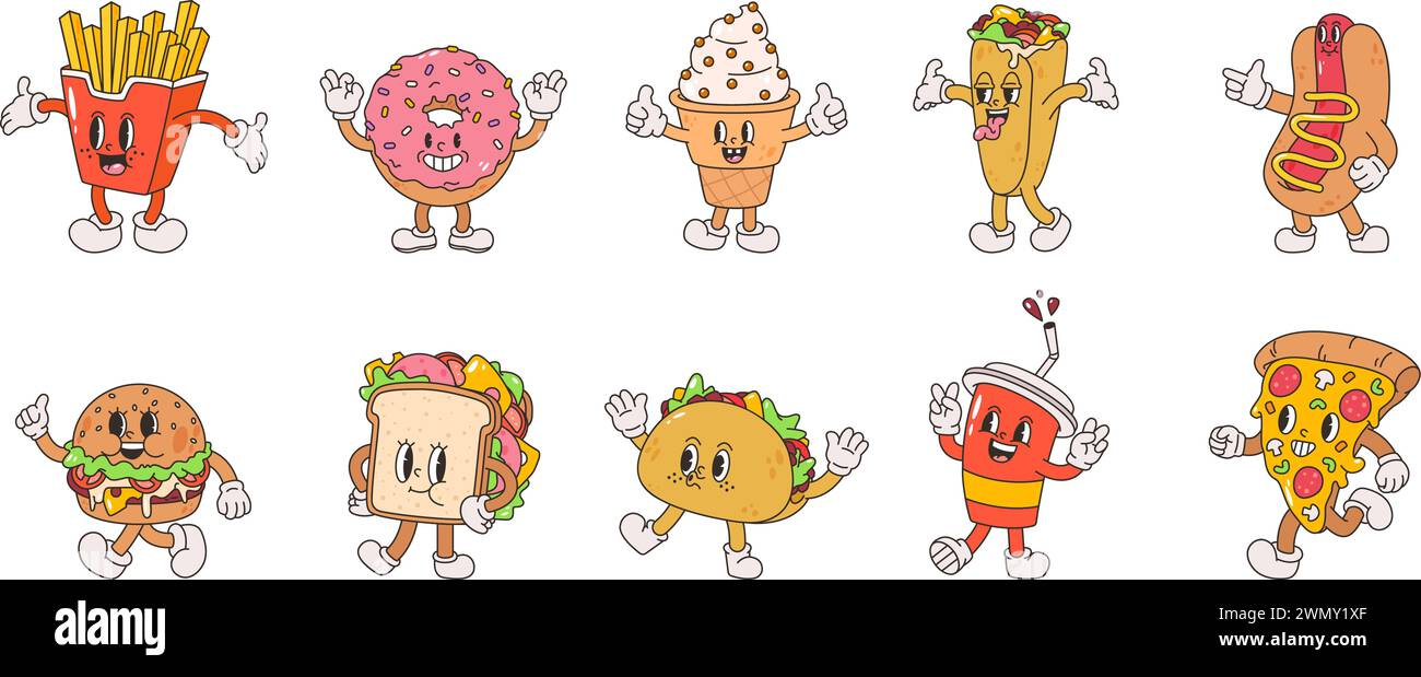 Retro cartoon fast food. Burger, pizza, ice cream vintage style characters. Funny groovy drink and french fries, sandwich snugly vector clipart Stock Vector