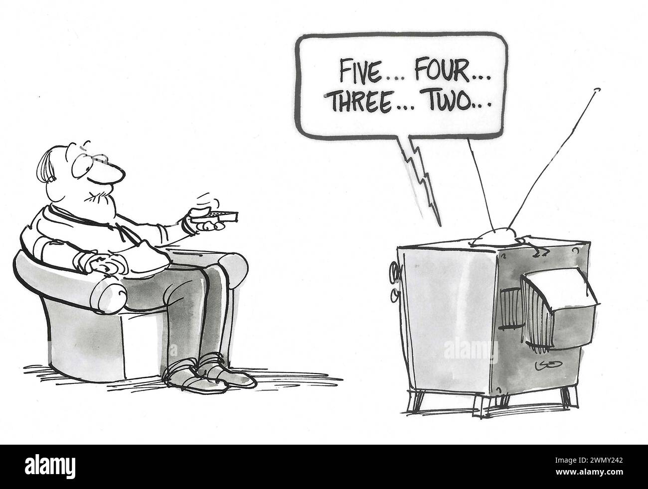 BW cartoon of a man, at home, and worried his tv is about to blow up. Stock Photo