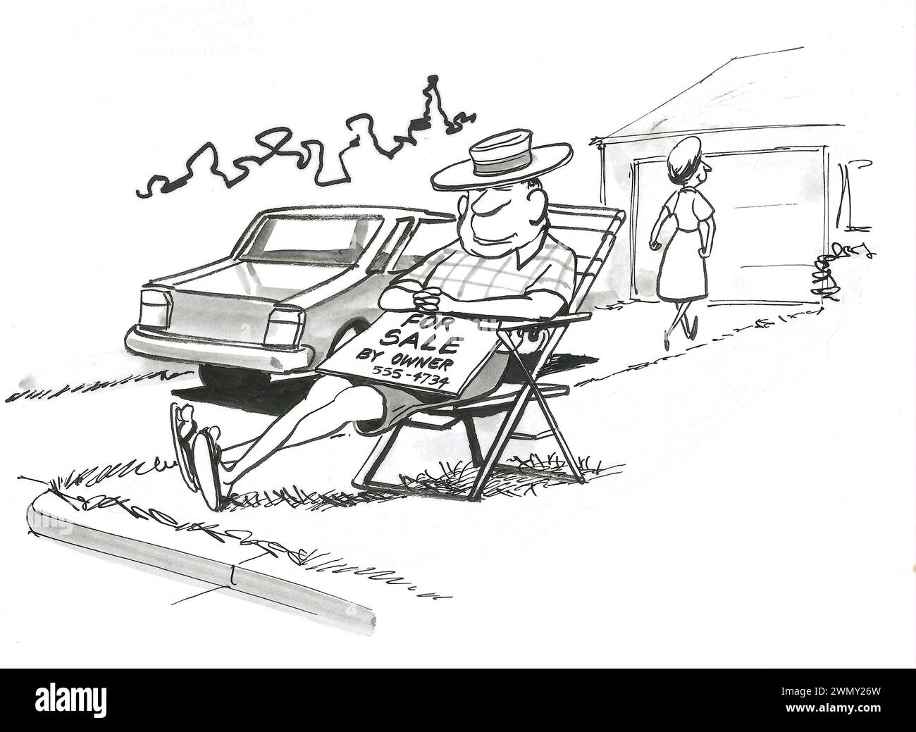 BW cartoon of a wife who has put her sleeping husband on the side of the street with a 'for sale' sign. Stock Photo