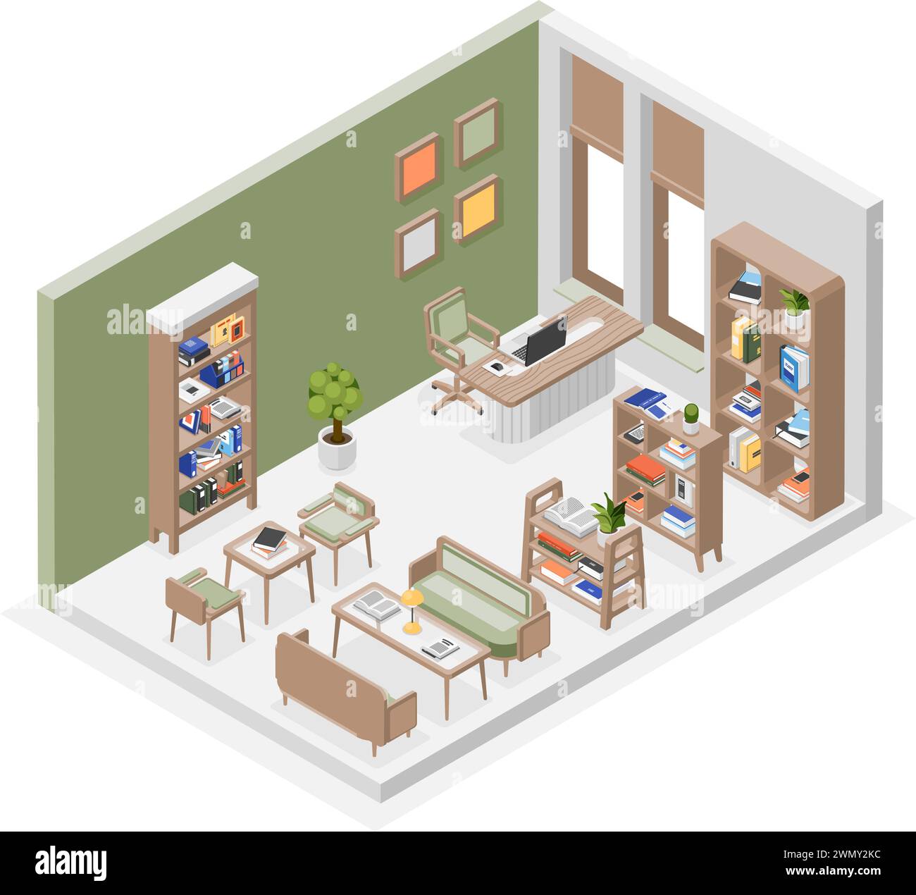 Isometric library interior. Reading club or bookstore. Room with bookshelves, chairs and desk. School or university, flawless vector scene Stock Vector
