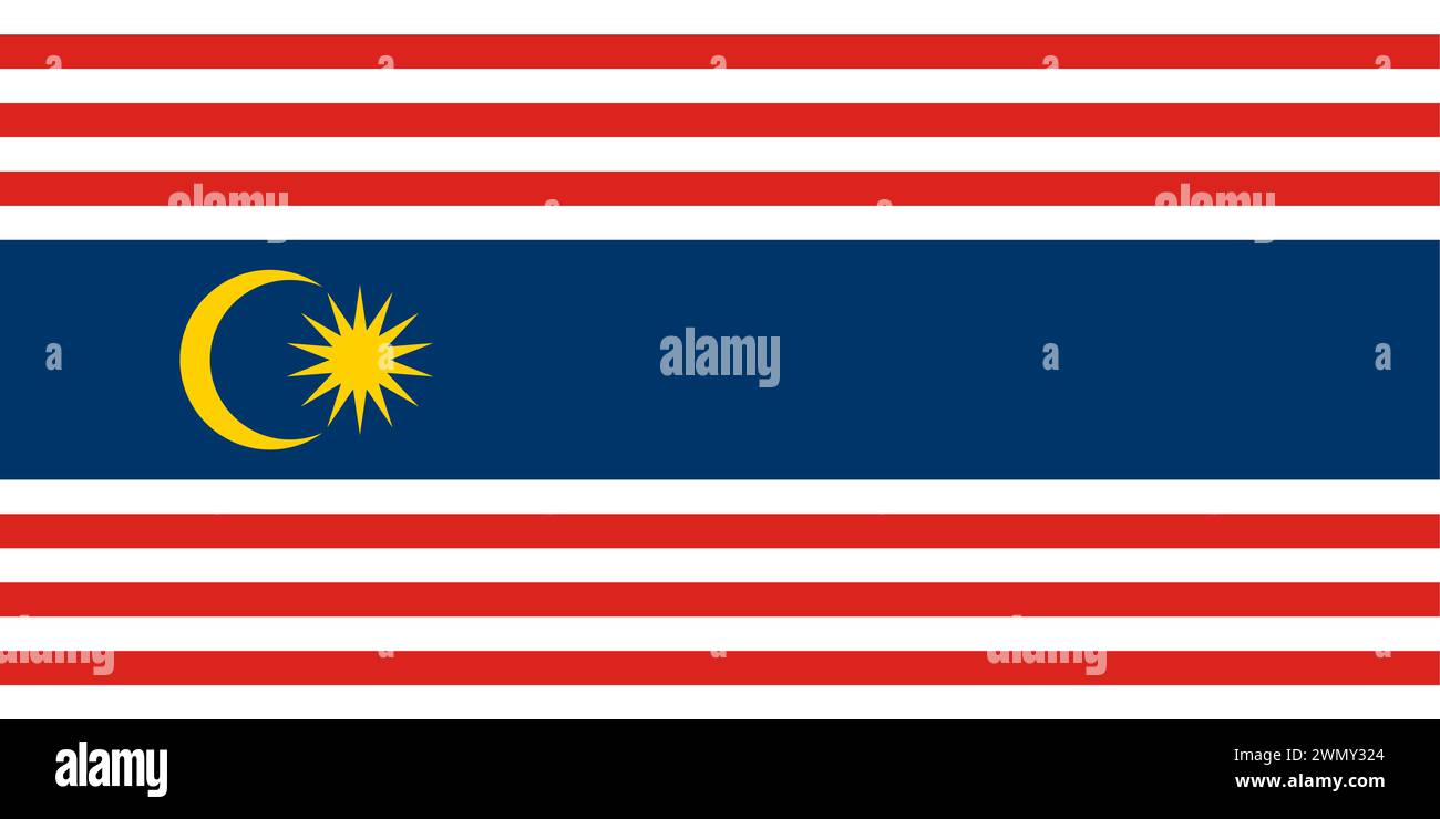 Flag of Federal Territory of Kuala Lumpur (Malaysia) Wilayah Persekutuan Kuala Lumpur, KL, blue field with seven horizontal stripes red and white, wit Stock Vector