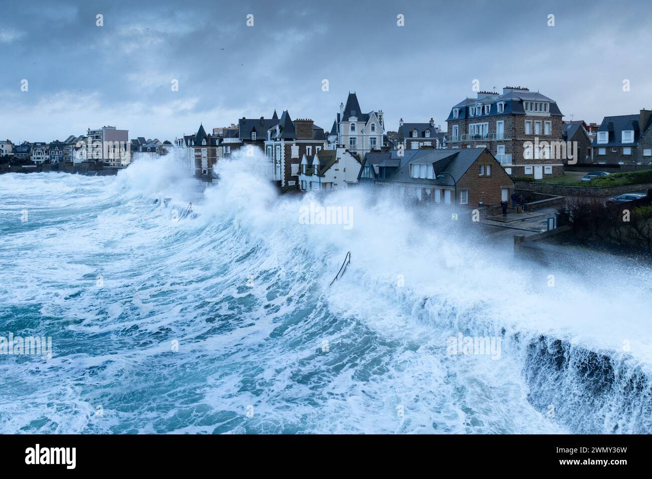 France, Ille et Vilaine, Saint Malo, high tides and storm Karlotta (aerial view) Stock Photo