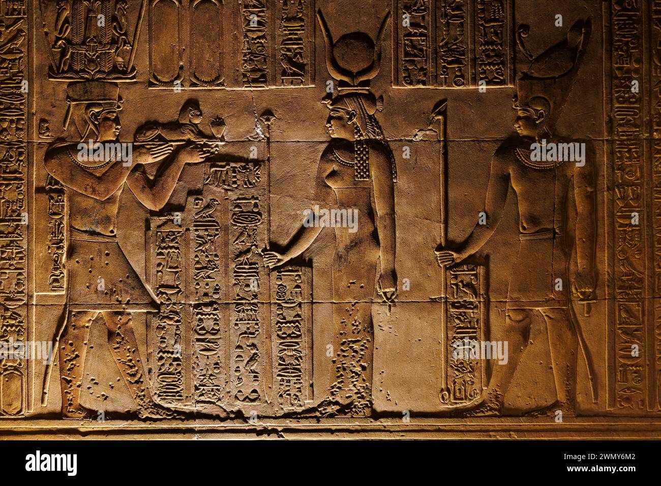 Egypt, Qena, Dendera, Pharaonic temples in Upper Egypt from the Ptolemaic and Roman periods listed as World Heritage by UNESCO, Hathor Temple, low relief Stock Photo