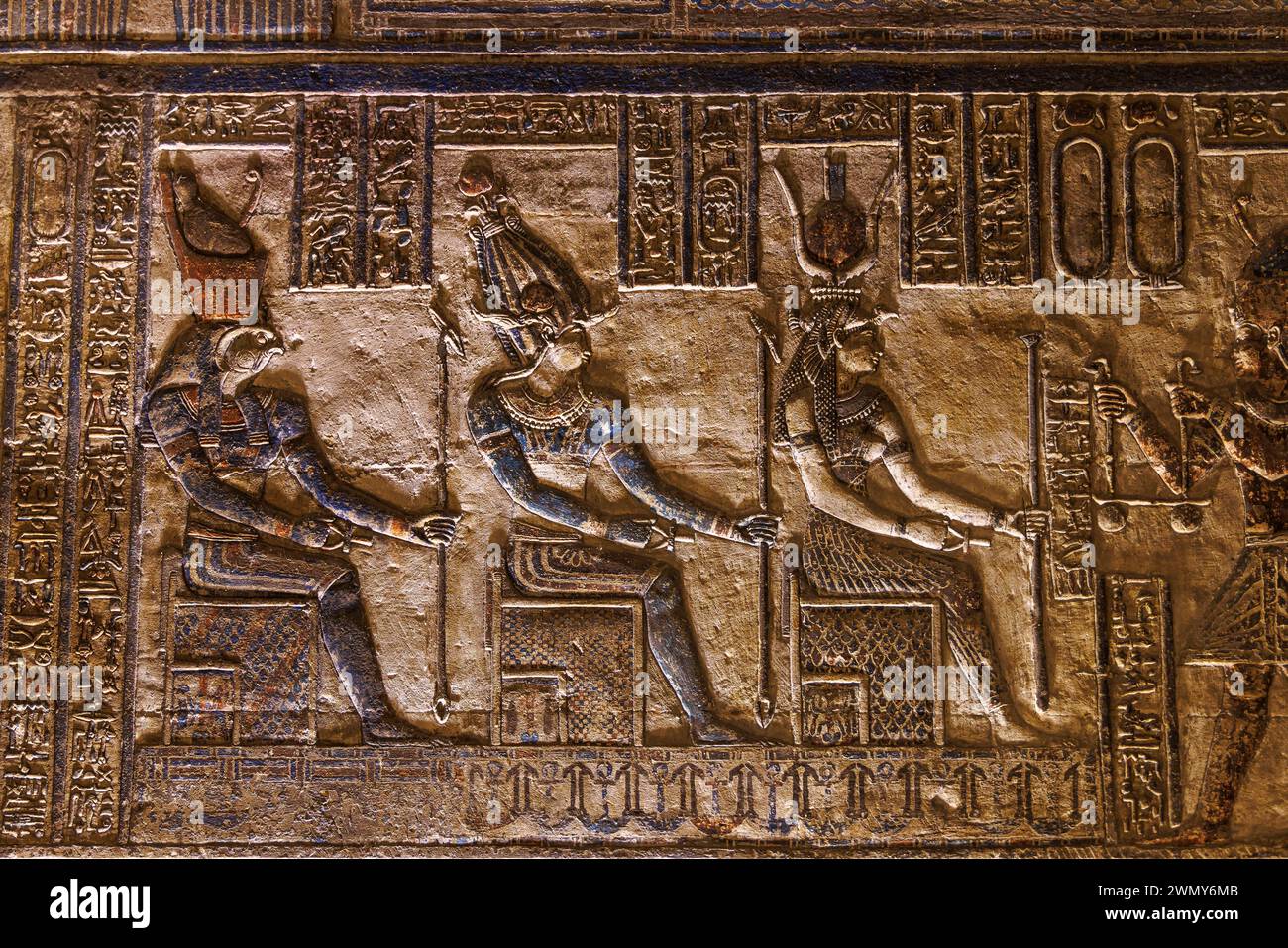 Egypt, Qena, Dendera, Pharaonic temples in Upper Egypt from the Ptolemaic and Roman periods listed as World Heritage by UNESCO, Hathor Temple, low relief Stock Photo