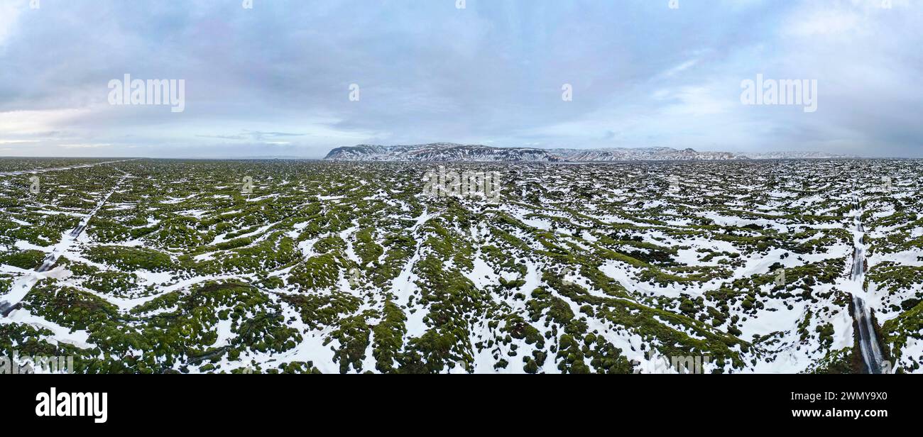 Iceland, South Iceland, Eldhraun, lava field under the snow (aerial view) Stock Photo