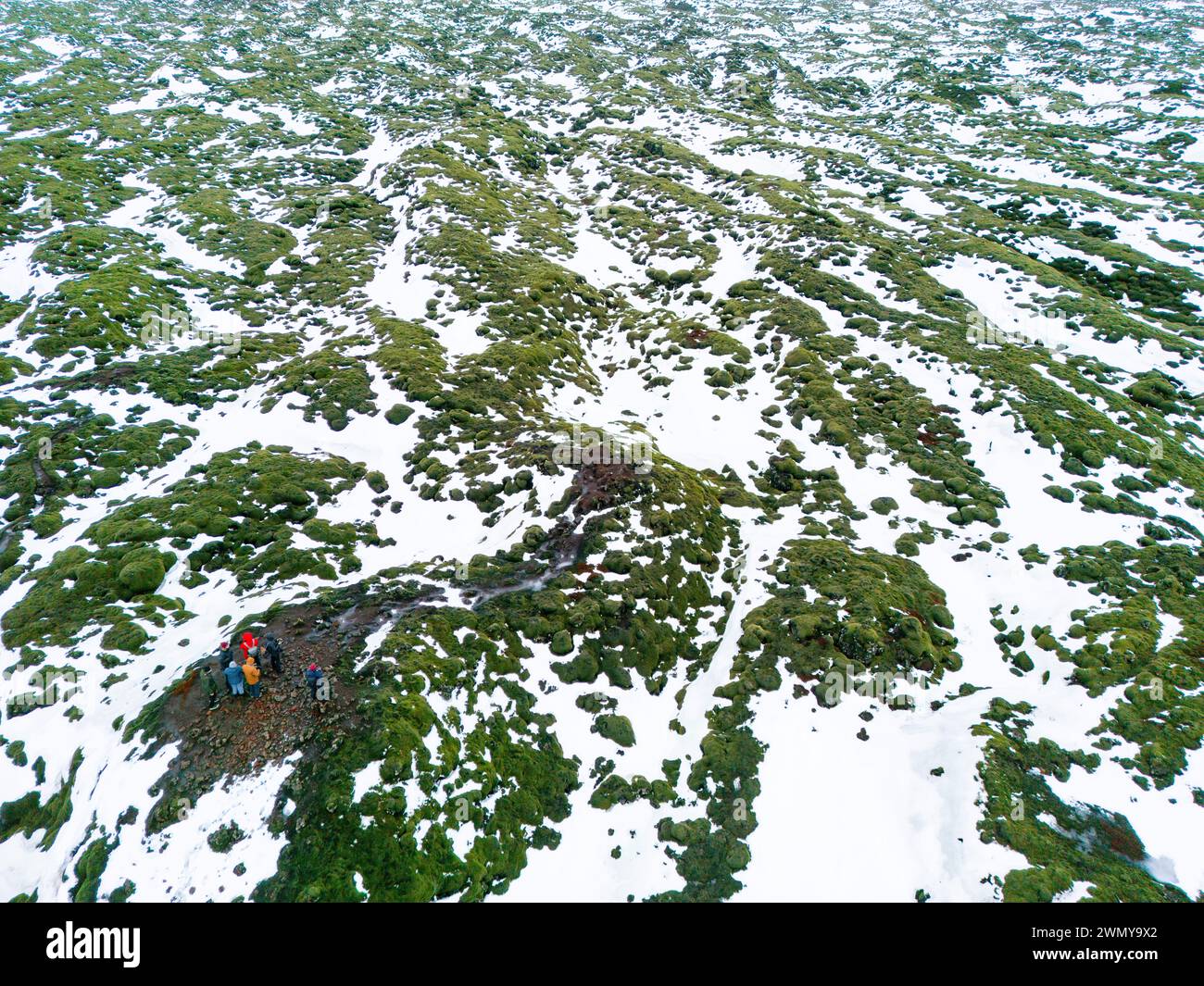 Iceland, South Iceland, Eldhraun, lava field under the snow (aerial view) Stock Photo