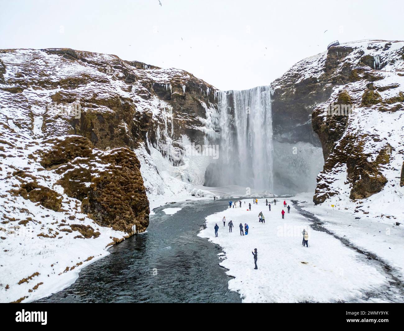 Iceland, South Coast, Skógafoss waterfalls (aerial view) Stock Photo