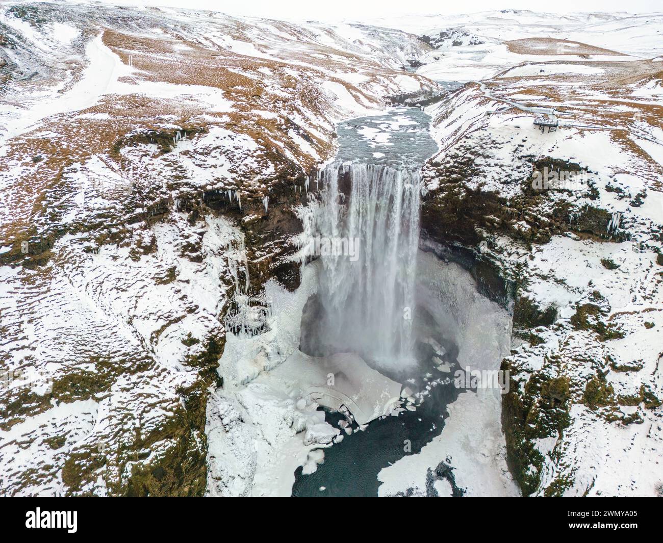 Iceland, South Coast, Skógafoss waterfalls (aerial view) Stock Photo