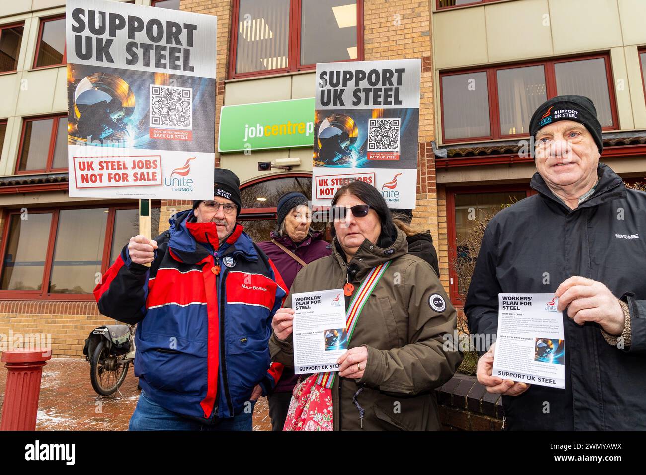 Scunthorpe, UK, 28 February 2024, Unite the Union’s Save Our Steel protest.  Protesters and steel workers held a protest outside the Job Centre in Scunthorpe to highlight job losses in the town if British Steel goes ahead with its plans. Credit: Neil Terry/Neil Terry Photography Stock Photo