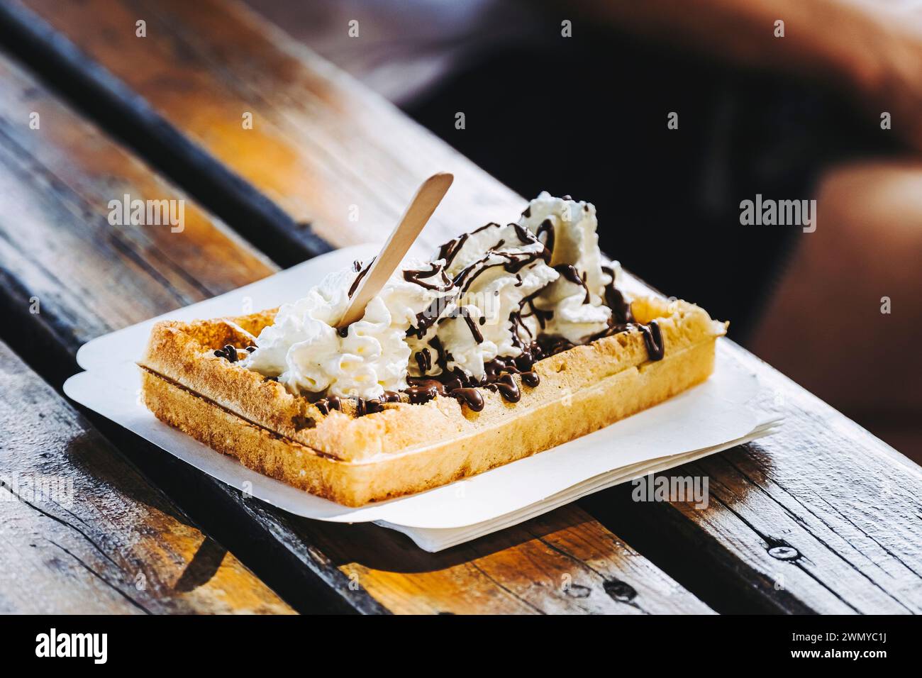 Delicious chocolate waffle and homemade whipped cream Stock Photo - Alamy