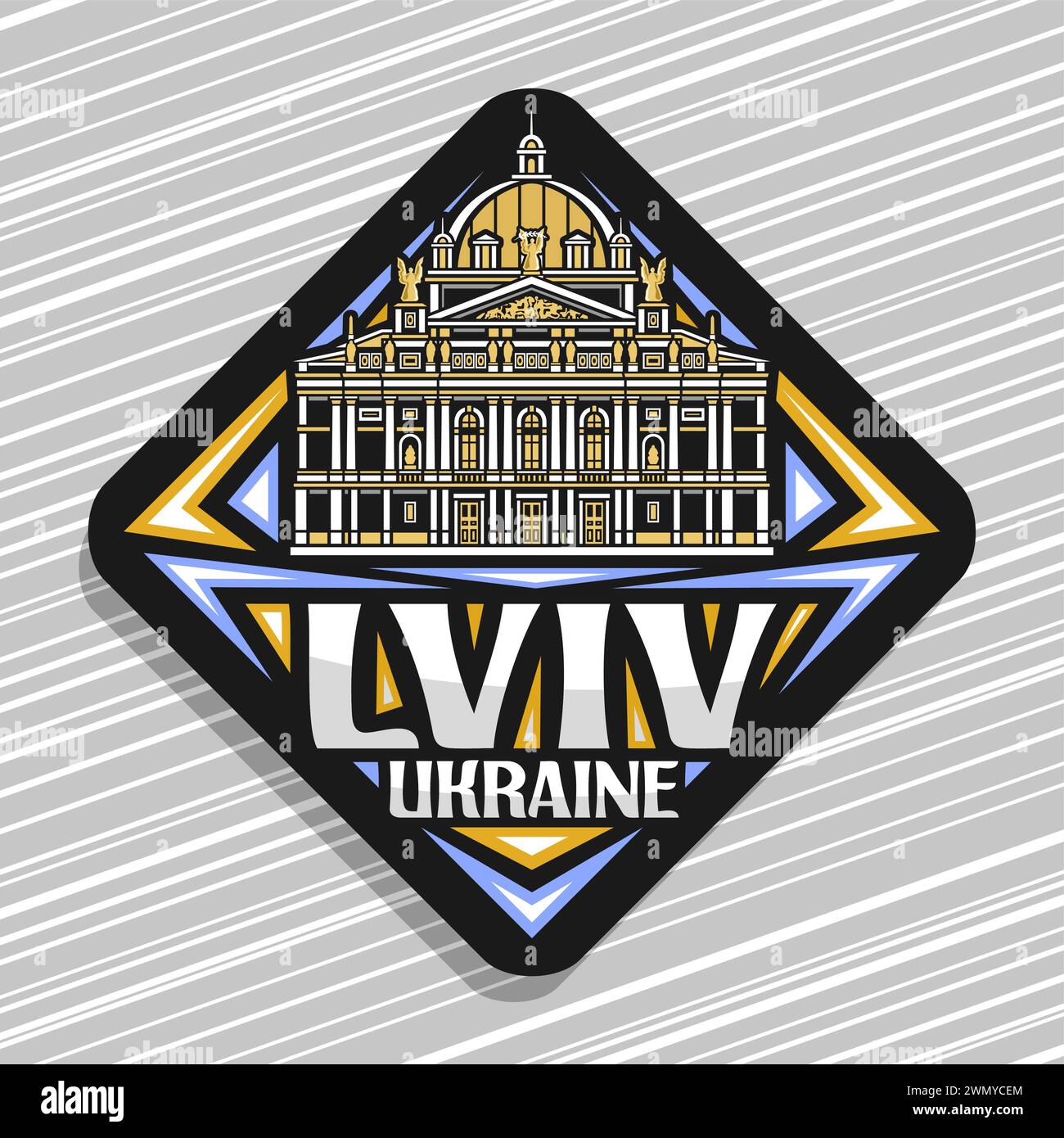 Vector logo for Lviv, dark rhombus road sign with line illustration of famous lviv theatre of opera and ballet, decorative refrigerator magnet with un Stock Vector