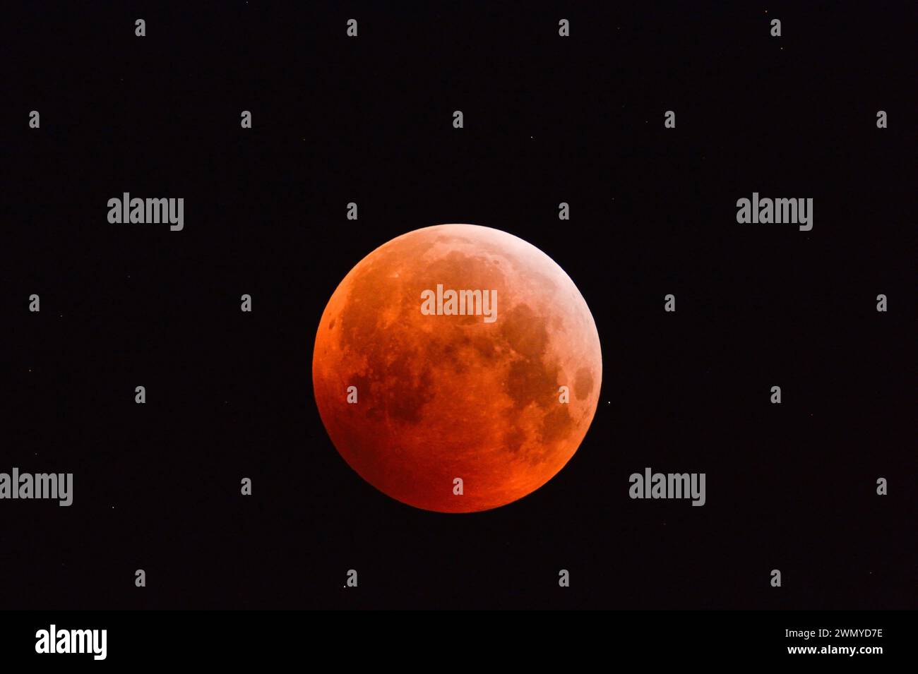 Eclipse of the super moon, lunar eclipse, red supermoon, blood moon / Blutmond, red orange full moon with sparkling stars, 21st January 2019, Germany. Stock Photo
