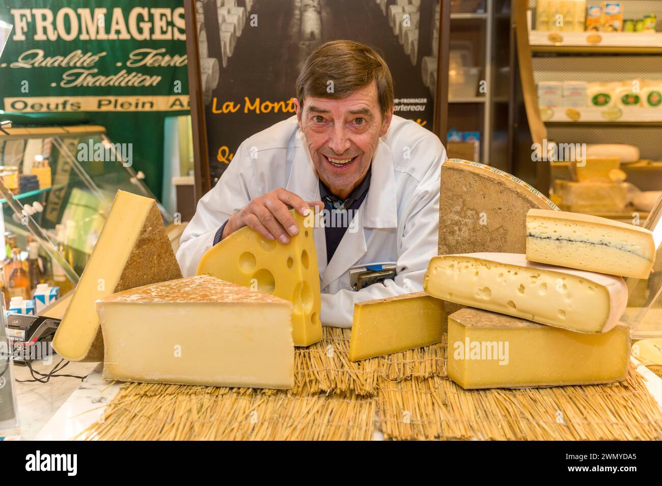 France, Indre et Loire, Loire valley listed as World Heritage by UNESCO, Tours, Thierry Cartereau cheese refiner at the Halles de Tours and vice-president of the French Cheese Federation in the Center Val de Loire region Stock Photo