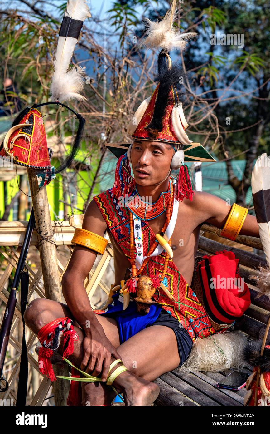 India, Nagaland, Kohima, annual meeting of all the Naga tribes during the Hornbill Festival, Konyak Tribe Stock Photo