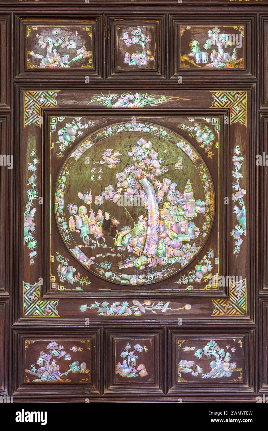 Vietnam, Mekong Delta, Cai Be, Mr Kiet's house, a historic house built in 1838, wooden furniture inlaid with mother-of-pearl Stock Photo