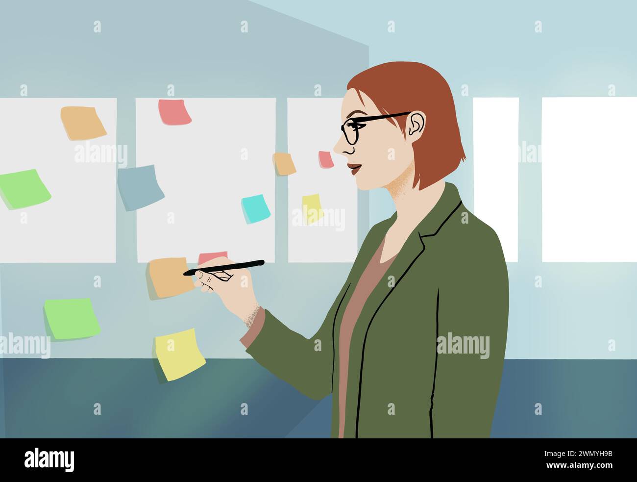 An illustrated woman in business attire reviews colorful sticky notes on a wall, symbolizing organization and planning in a modern office setting. Stock Photo