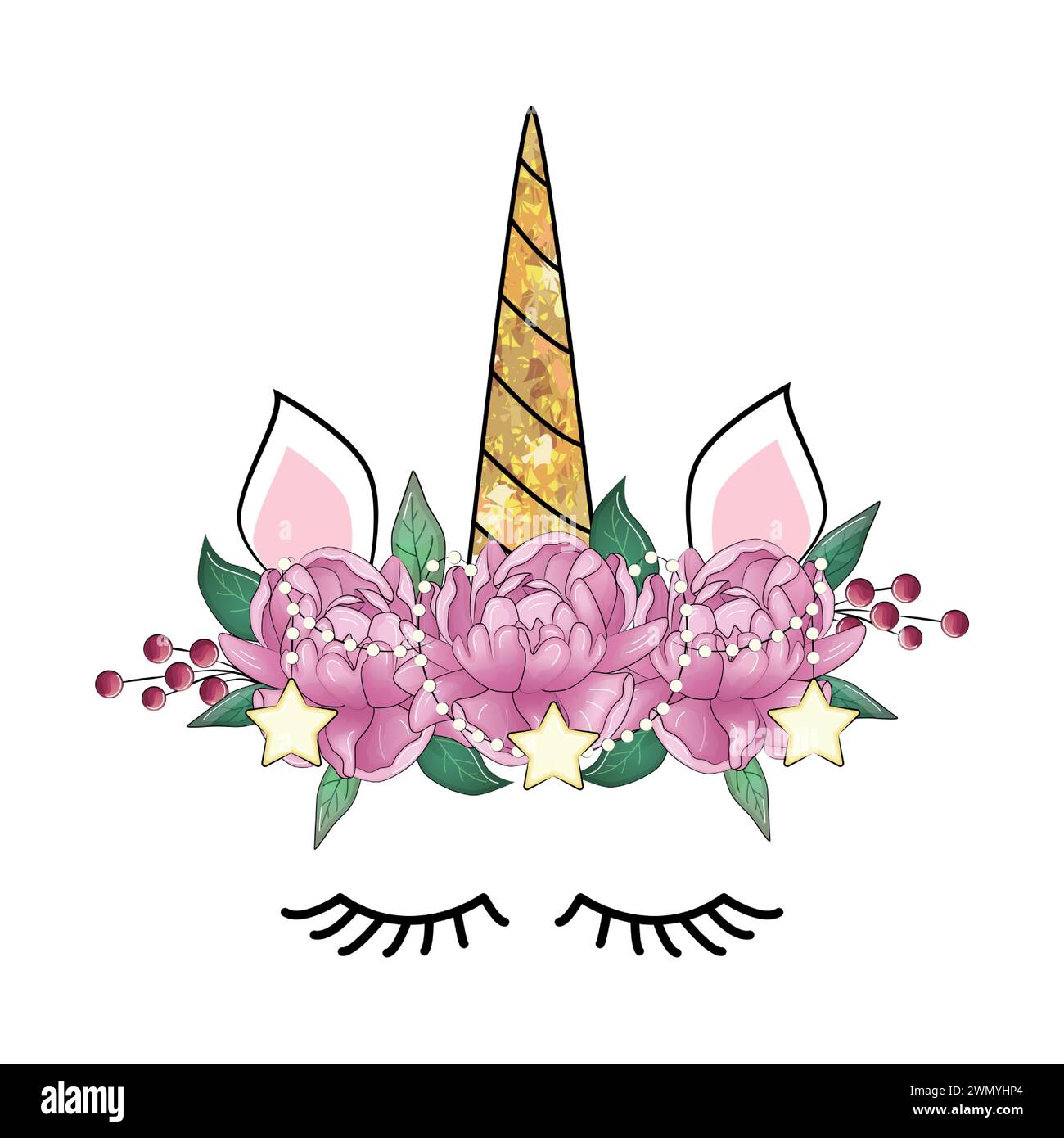 Cute unicorn head with flower crown Stock Vector