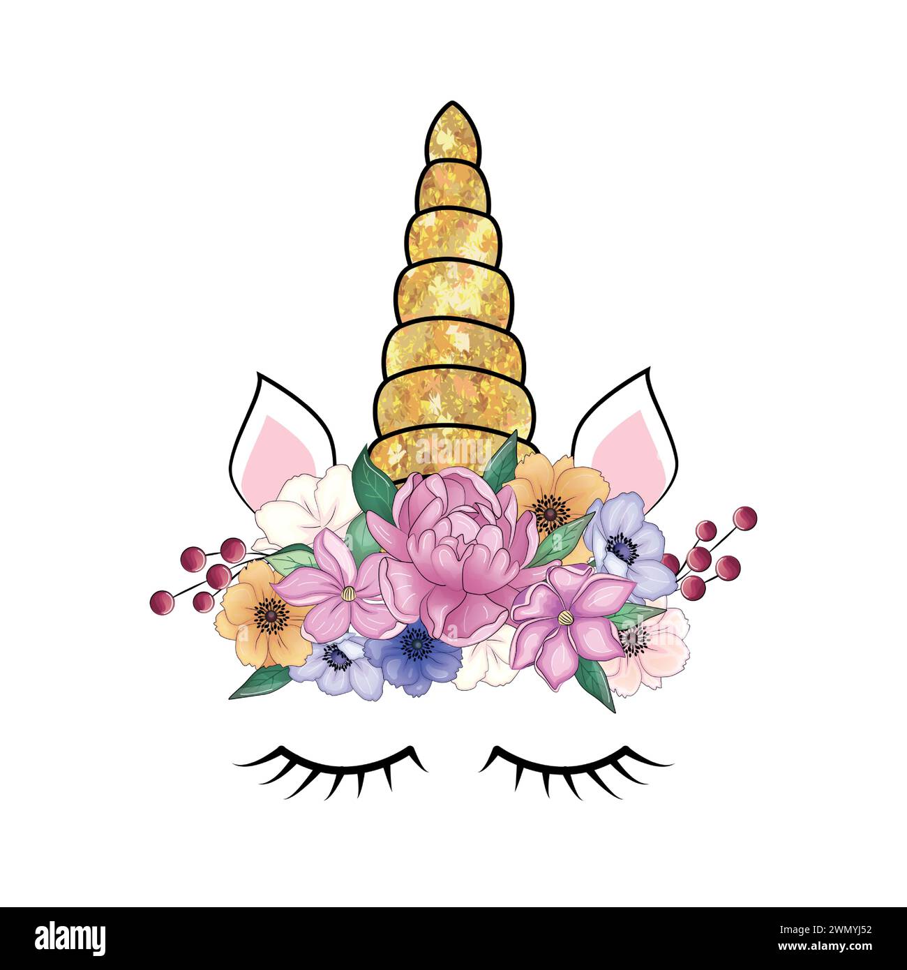 Cute unicorn head with flower crown Stock Vector