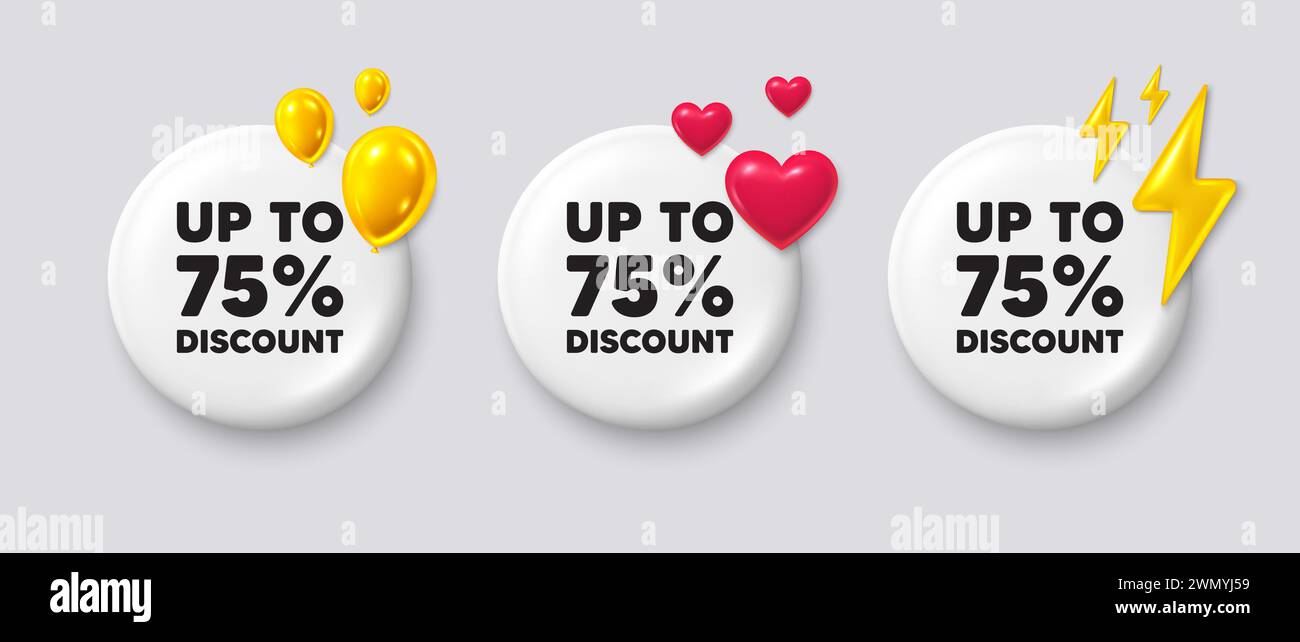 Up to 75 percent discount. Sale offer price sign. White buttons with 3d icons. Vector Stock Vector