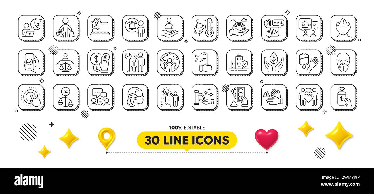 Love couple, Creative idea and Apartment insurance line icons pack. For web app. 3d design elements. Vector Stock Vector