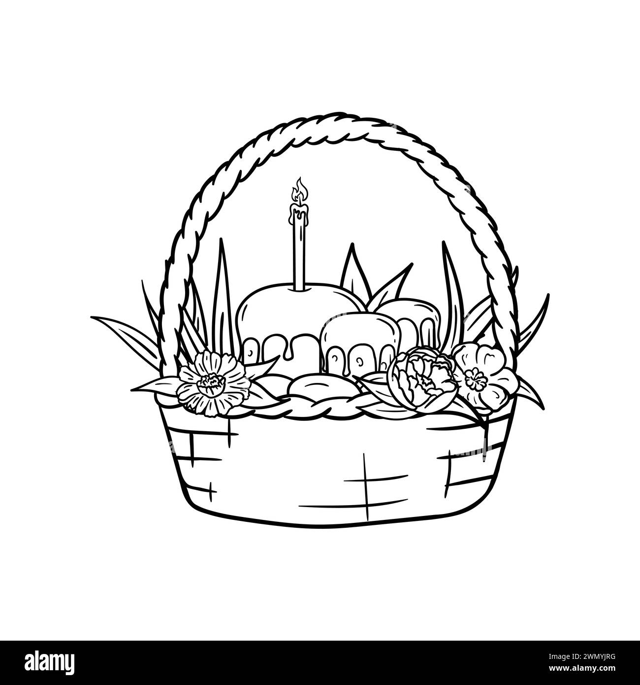 Basket with Easter cakes, eggs, church candle, flowers and grass. Coloring book, black and white illustration for card Stock Vector