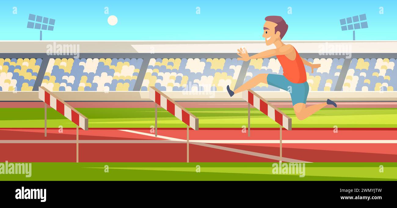 Runner olympic games sport active person running and jumping barrier Stock Vector