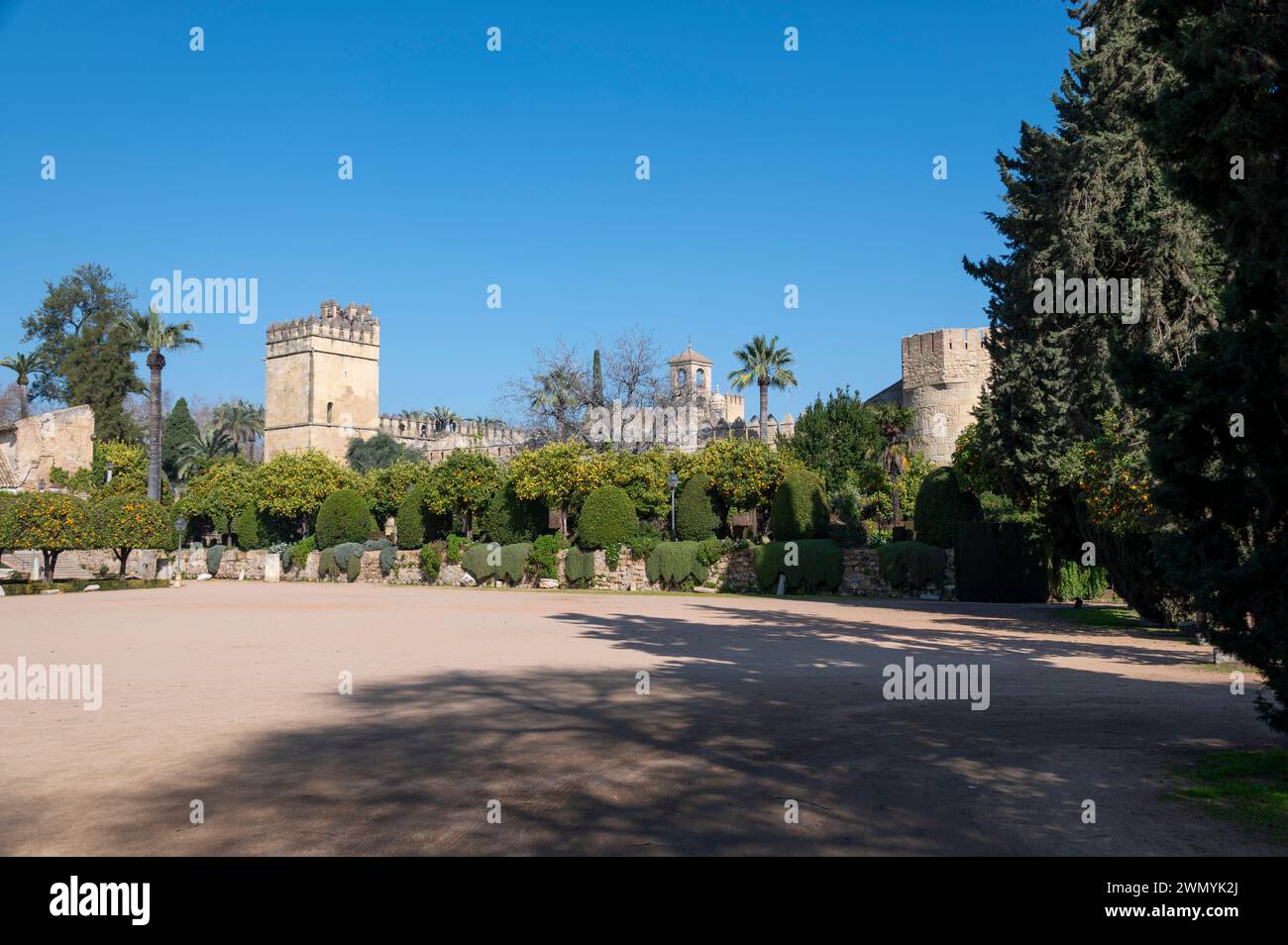 From the gardens towards the Alcazar de los Reyes Cristianos, also known as the Alcazar of Cordoba, is a medieval palace/ fortress in the historic cen Stock Photo