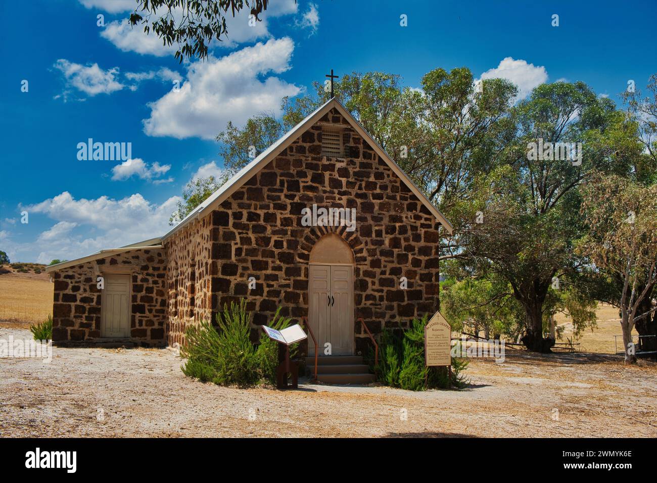 The simple, but beautiful St James Chapel in Kojarena, Greater Geraldton, Wheatbelt of Western Australia, by architect John C. Hawes. Stock Photo