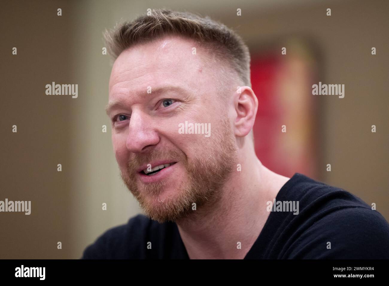 Prague, Czech Republic. 28th Feb, 2024. Former Slovak hockey player Marian Hossa speaks to journalists during a media day with hockey legends on the IIHF Ice Hockey World Championship, Prague, Czech Republic, February 28, 2024. The hockey world championship will be played from May 10 to May 26, 2024 in Prague and Ostrava. Credit: Ondrej Deml/CTK Photo/Alamy Live News Stock Photo