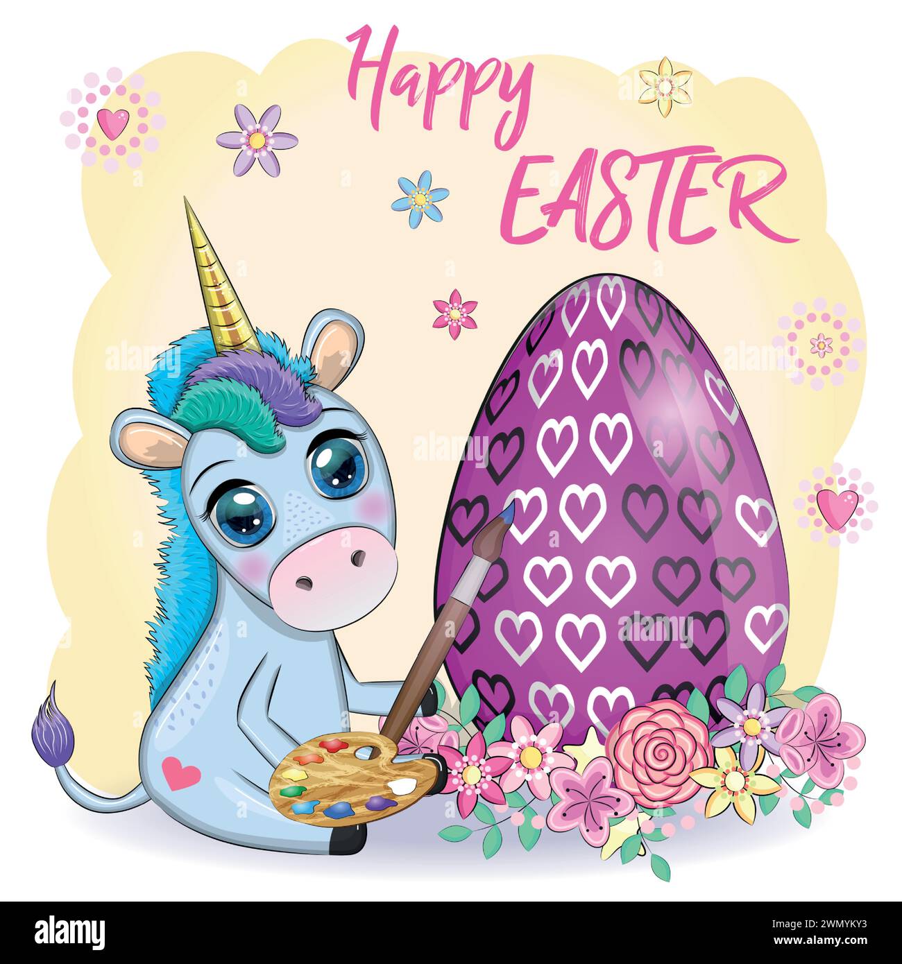 Easter unicorn cartoon character with easter egg, postcard Stock Vector