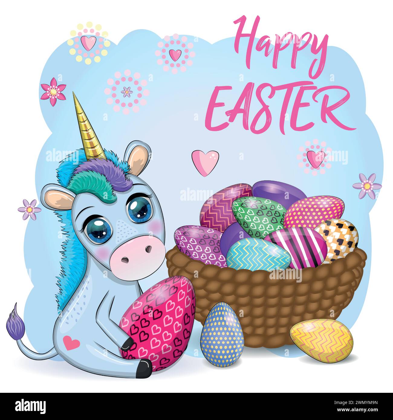 Easter unicorn cartoon character with easter egg, postcard Stock Vector